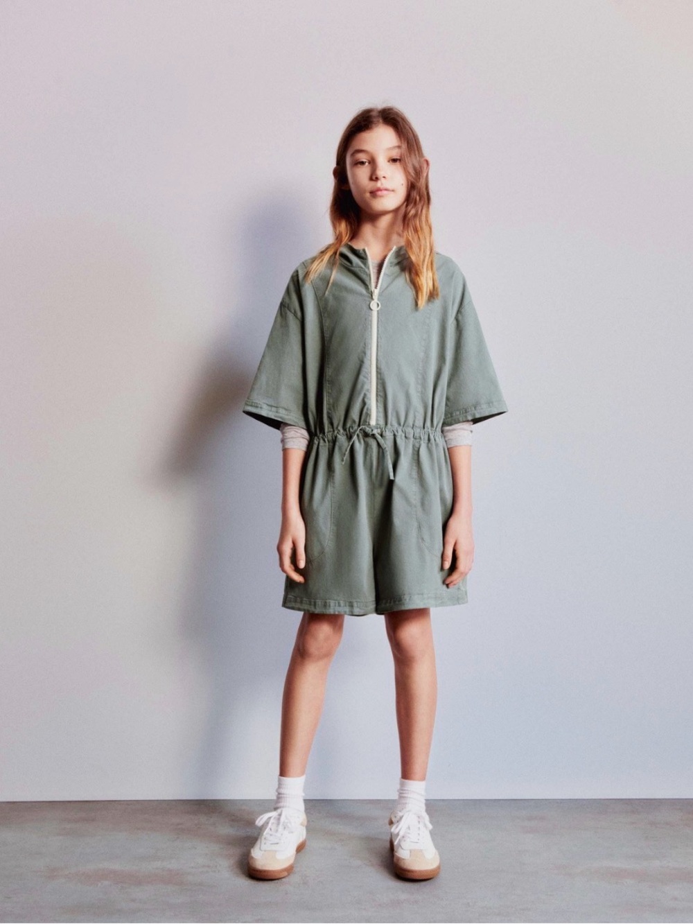 NWT Zara Casual Short Sleeve Drawstring Romper in Sage Green size 9